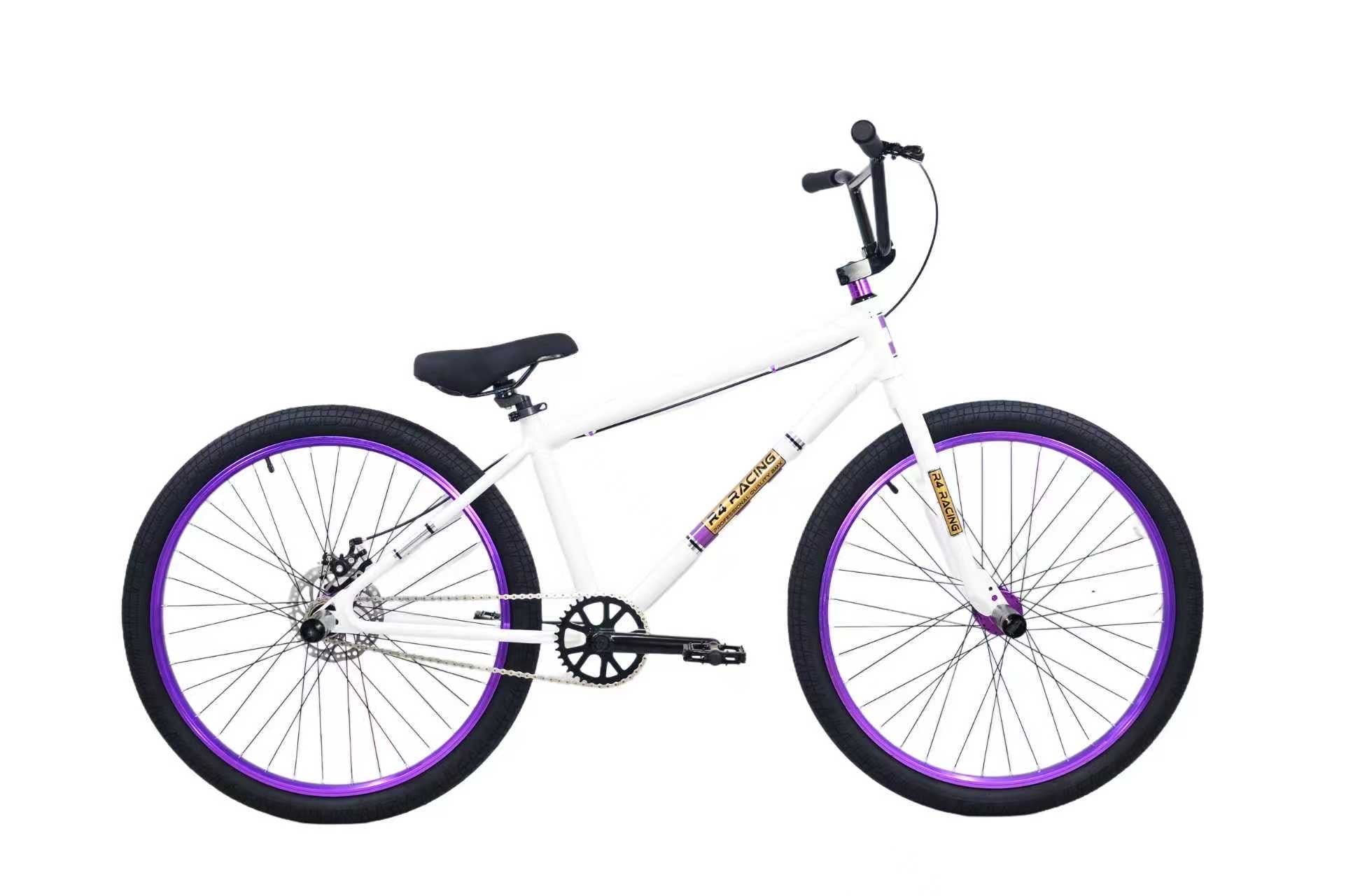 R4 Pro 26" Complete 6061 Aluminum Retro BMX Bicycle Looptail Design White W/ Purple Wheels - R4 Products
