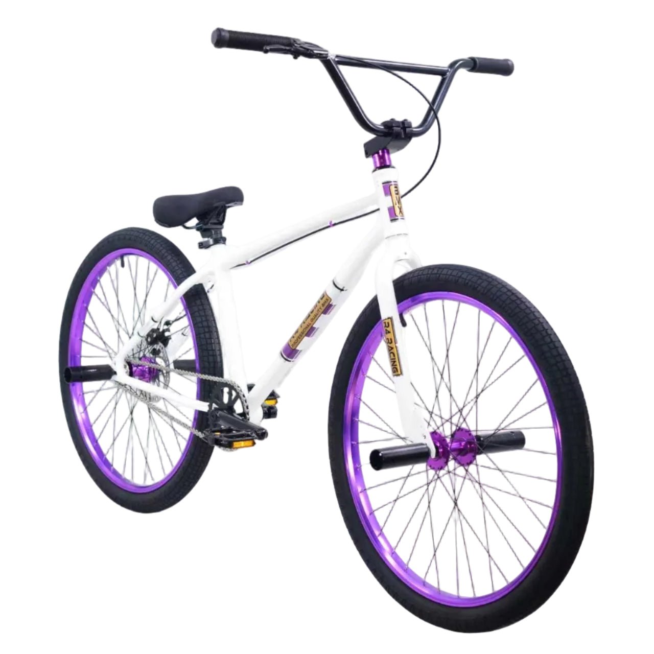 R4 Pro 26" Complete 6061 Aluminum Retro BMX Bicycle Looptail Design White W/ Purple Wheels - R4 Products