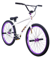 
              R4 Pro 26" Complete 6061 Aluminum Retro BMX Bicycle Looptail Design White W/ Purple Wheels
            