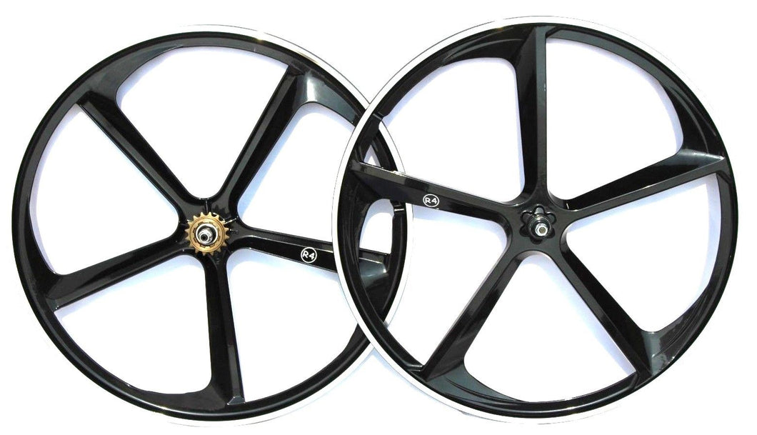 24″ CNC BMX Cruiser 5-Spoke Alloy Rims Bicycle Sealed Wheel Set, Gloss Black