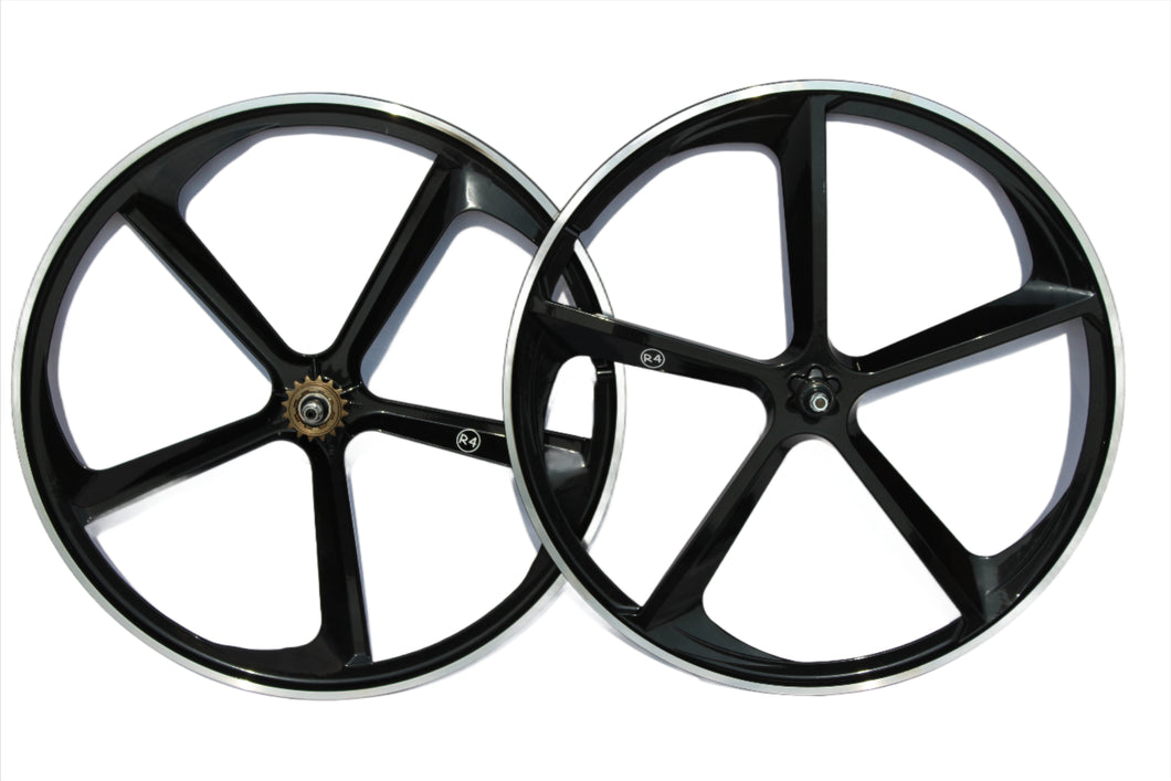 R4 29″ BMX Cruiser 5-Spoke Alloy Rims Bicycle Sealed Wheel Set, Gloss Black CNC