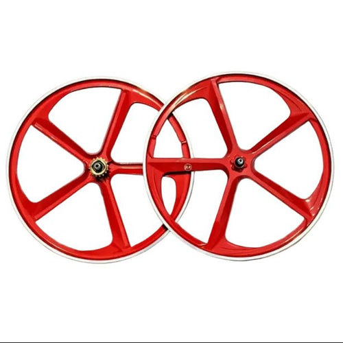 29″ CNC BMX Cruiser 5 - Spoke Alloy Rims Bicycle Sealed Wheel Set, Ferrari Red, CNC for Pad Brakes - R4 Products