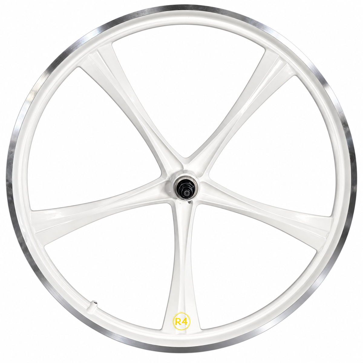 R4 Custom 26″ BMX 5 Spoke Alloy Mag Wheels, CNC Gloss White