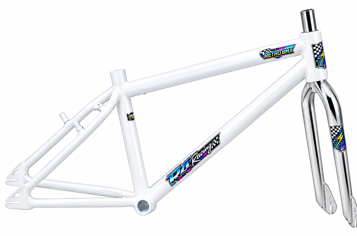 R4 Retro 6061 Aluminum 29" Pro BMX Frame & Chrome Fork, Choose White or Blue.