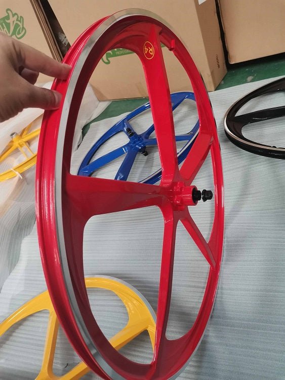 29″ CNC BMX Cruiser 5 - Spoke Alloy Rims Bicycle Sealed Wheel Set, Ferrari Red, CNC for Pad Brakes - R4 Products