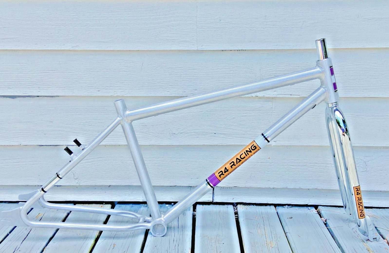 R4 Retro 6061 Aluminum 29" Pro BMX Frame & Chrome Fork, Raw W/ Clear Coat Decals Included - R4 Products