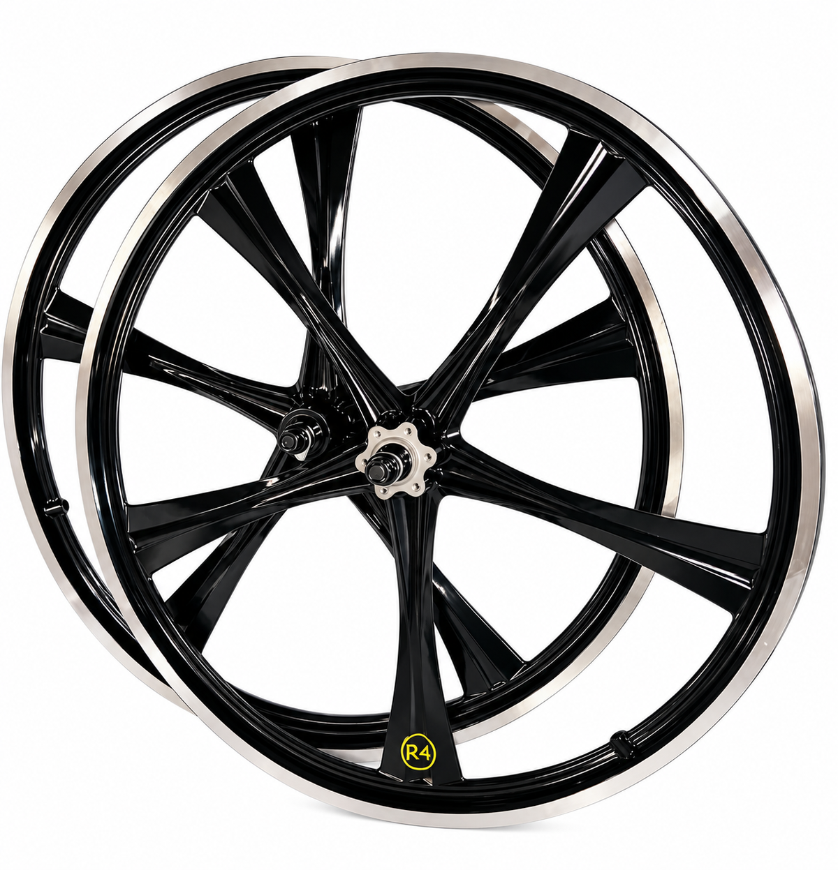 R4 Custom 26″ BMX 5 Spoke Alloy Mag Wheels, CNC Gloss Black