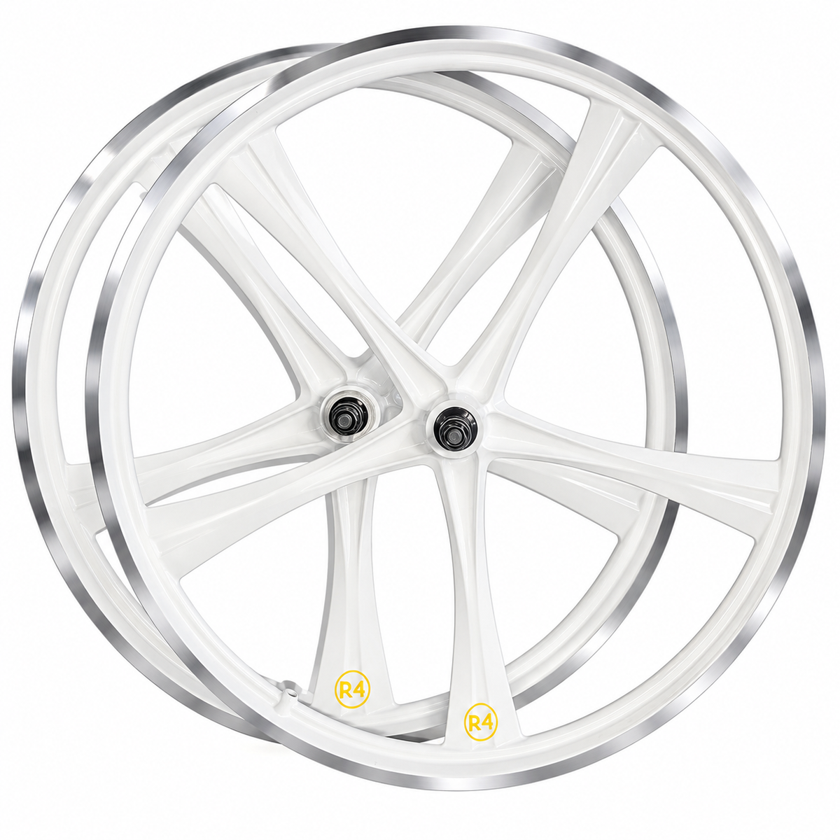 R4 Custom 26″ BMX 5 Spoke Alloy Mag Wheels, CNC Gloss White