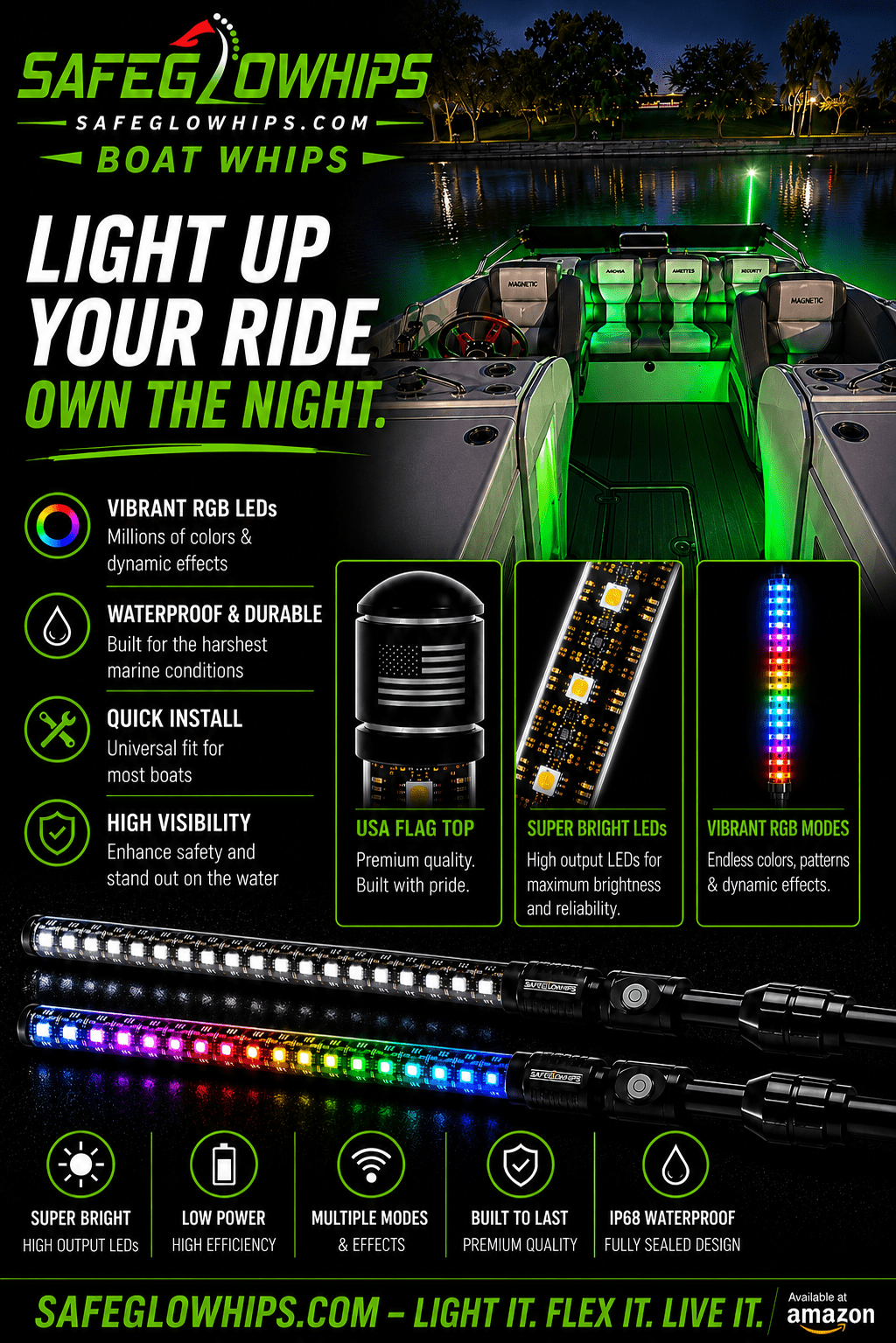 The Original SafeGlo RGB LED Boat Whip – Bluetooth App and Remote - Controlled USA Made - 4' - R4 Products