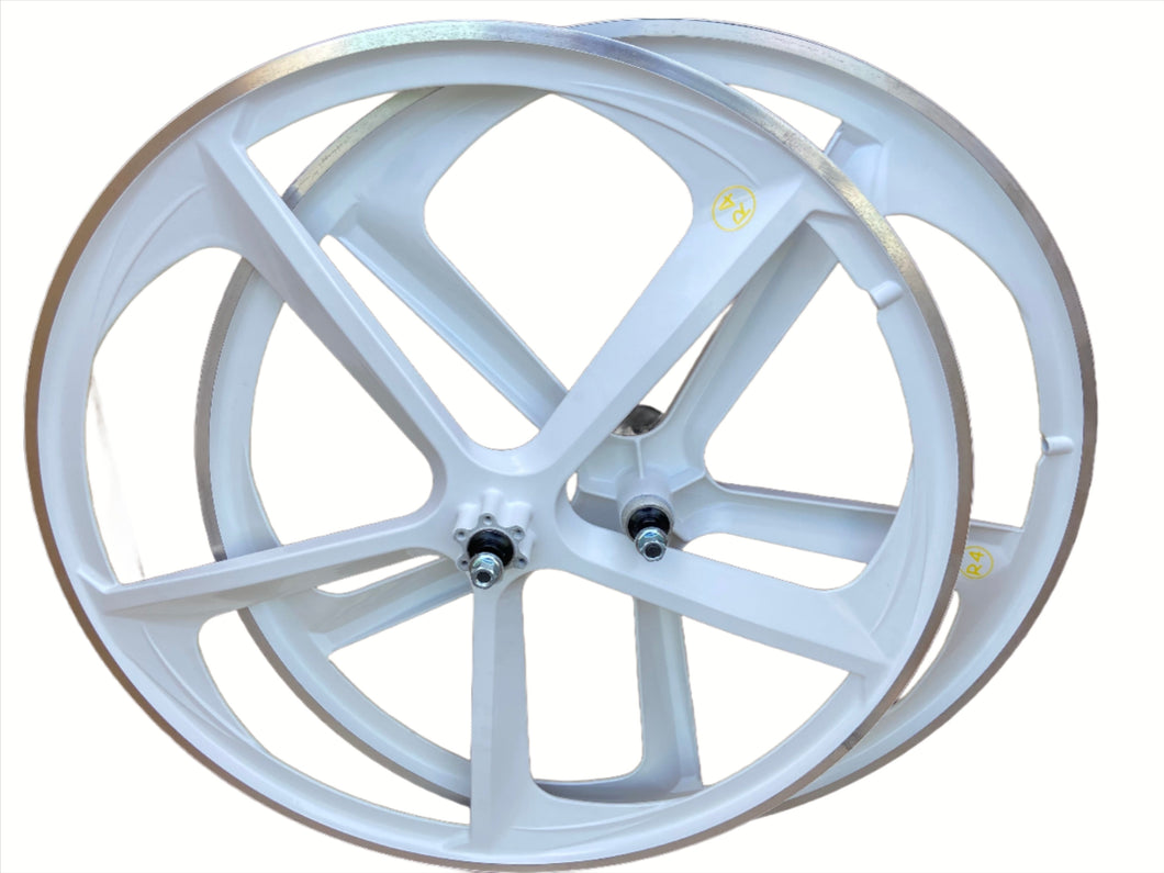 R4 Premium CNC 29″ BMX 5-Spoke Alloy Bicycle Sealed Wheel set, White