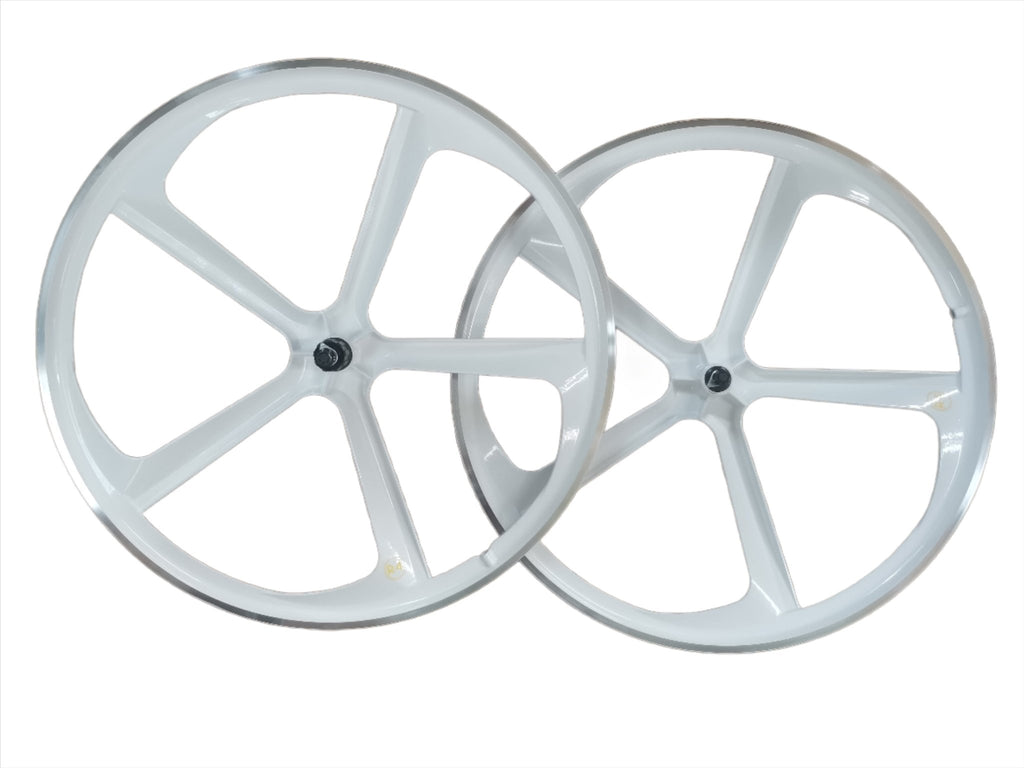 R4 Premium CNC 29″ BMX 5 - Spoke Alloy Bicycle Sealed Wheel set, White, CNC for Pad Brakes - R4 Products